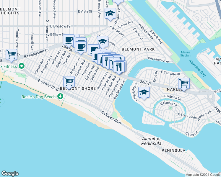 map of restaurants, bars, coffee shops, grocery stores, and more near 134 Santa Ana Avenue in Long Beach