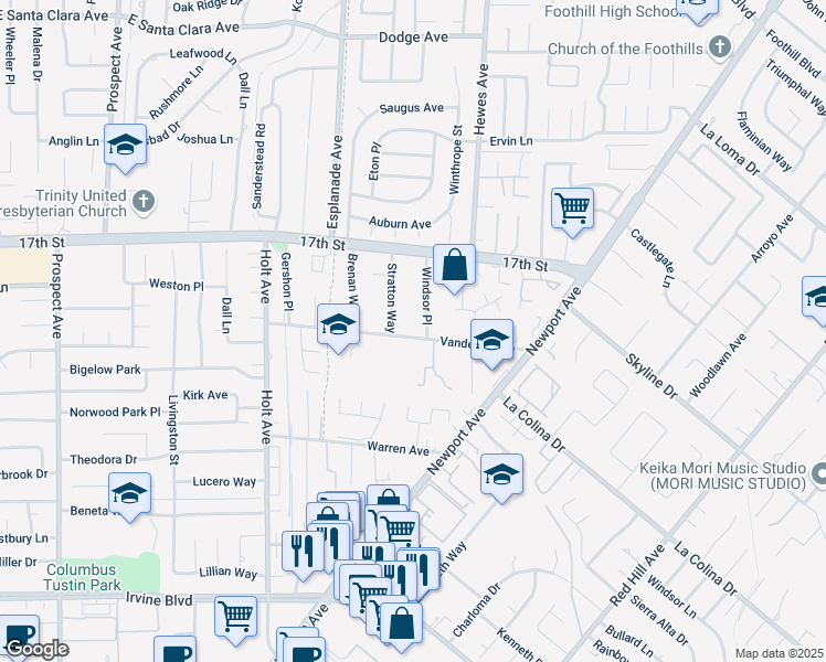 map of restaurants, bars, coffee shops, grocery stores, and more near 14121 Windsor Place in North Tustin