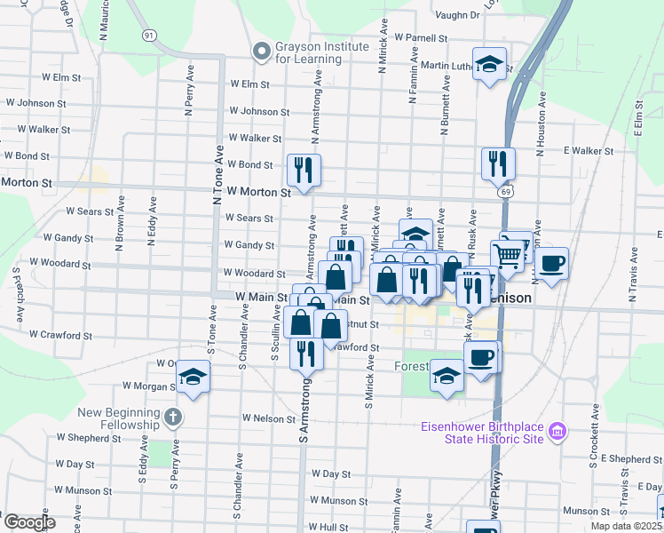 map of restaurants, bars, coffee shops, grocery stores, and more near 630 West Gandy Street in Denison