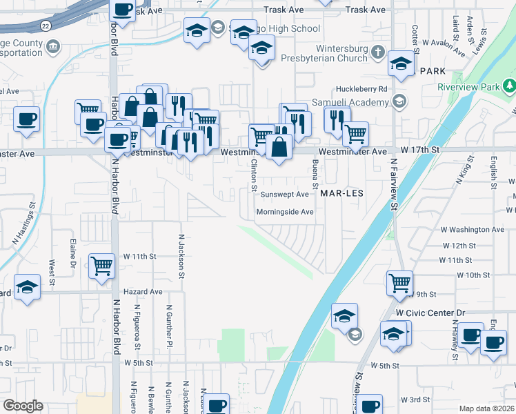 map of restaurants, bars, coffee shops, grocery stores, and more near 1300 Clinton Street in Santa Ana