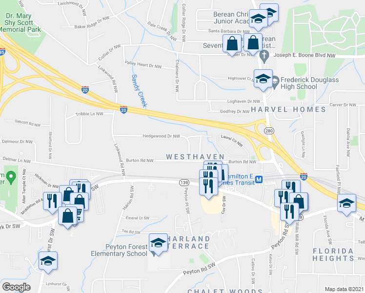 map of restaurants, bars, coffee shops, grocery stores, and more near 2710 Hedgewood Drive Northwest in Atlanta