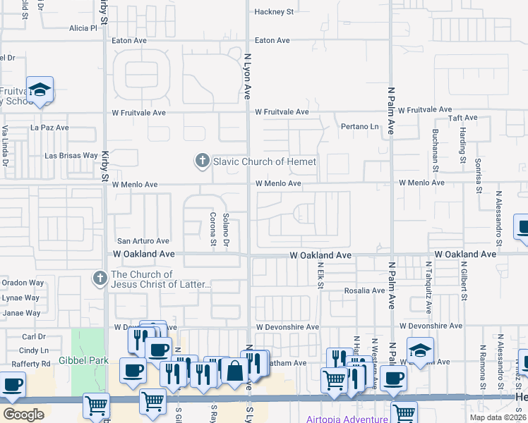 map of restaurants, bars, coffee shops, grocery stores, and more near 1630 Sonora Drive in Hemet