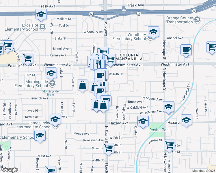 map of restaurants, bars, coffee shops, grocery stores, and more near 1439 North Euclid Street in Santa Ana