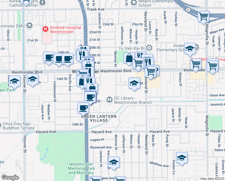 map of restaurants, bars, coffee shops, grocery stores, and more near 8200 Westminster Boulevard in Westminster