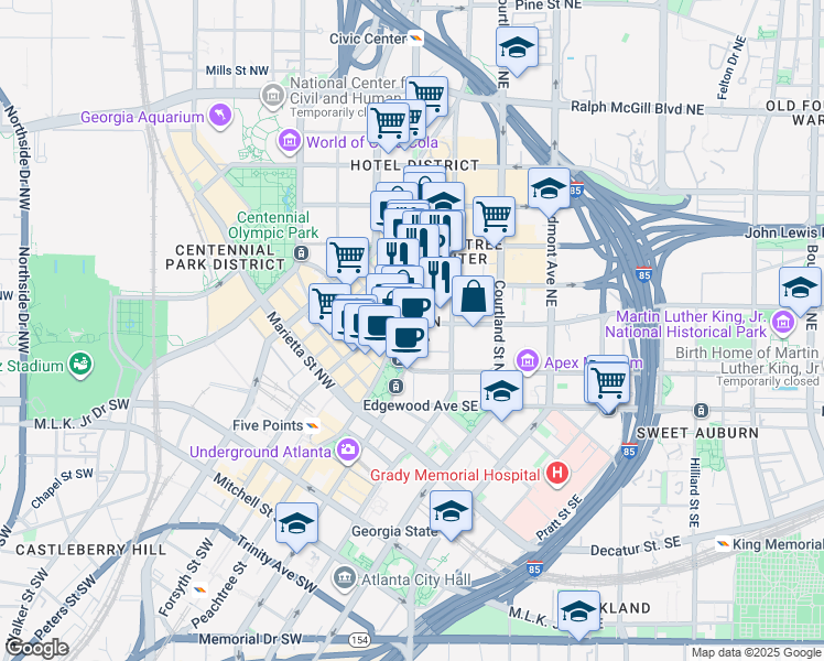 map of restaurants, bars, coffee shops, grocery stores, and more near 127 Peachtree Street Northeast in Atlanta