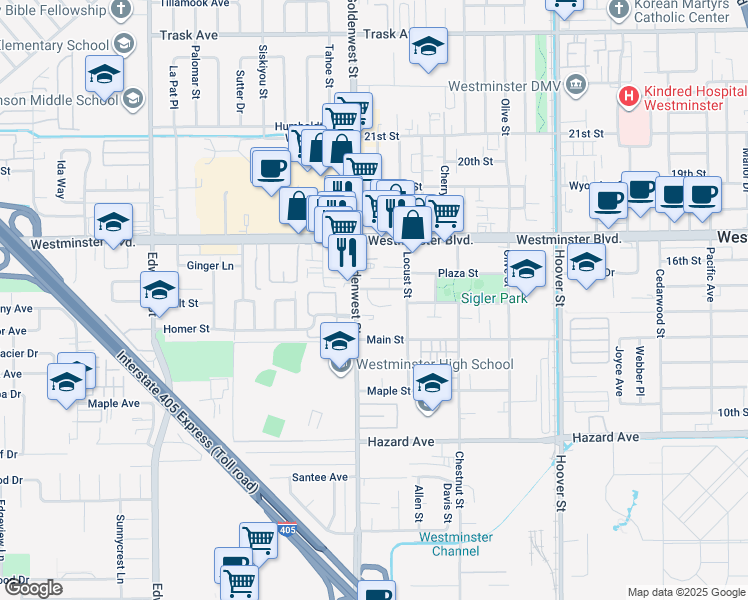 map of restaurants, bars, coffee shops, grocery stores, and more near 14144 Windjammer Lane in Westminster