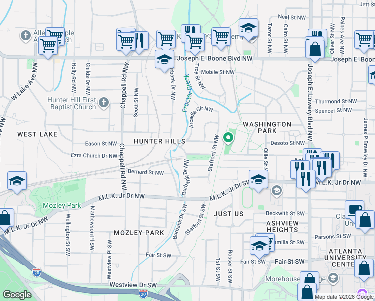 map of restaurants, bars, coffee shops, grocery stores, and more near 1216 Bronx Street Northwest in Atlanta