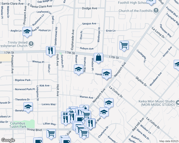 map of restaurants, bars, coffee shops, grocery stores, and more near 18581 Vanderlip Avenue in Santa Ana