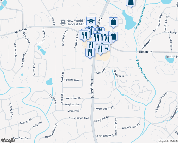 map of restaurants, bars, coffee shops, grocery stores, and more near 1295 South Hairston Road in Stone Mountain