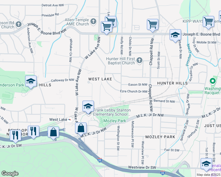 map of restaurants, bars, coffee shops, grocery stores, and more near 1574 Ezra Church Drive Northwest in Atlanta