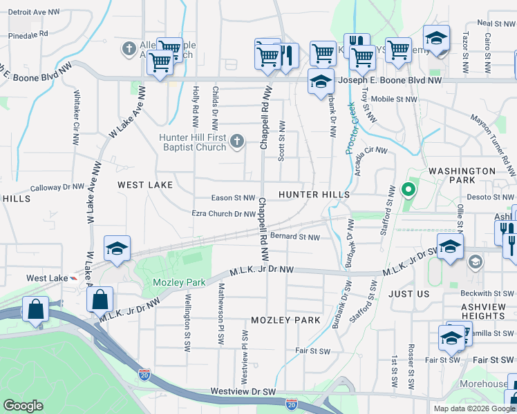 map of restaurants, bars, coffee shops, grocery stores, and more near 99 Chappell Road Northwest in Atlanta