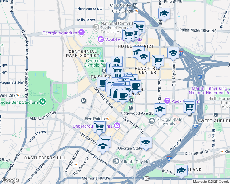 map of restaurants, bars, coffee shops, grocery stores, and more near 96 Poplar Street Northwest in Atlanta