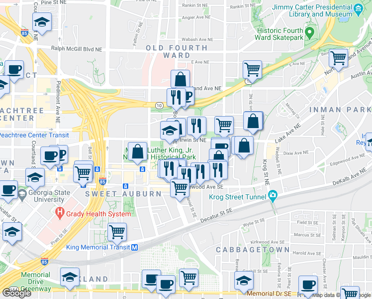map of restaurants, bars, coffee shops, grocery stores, and more near 94 Hogue Street Northeast in Atlanta