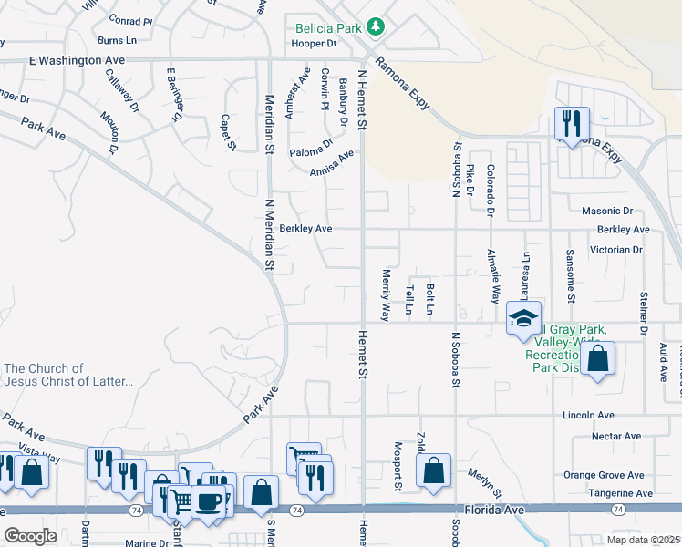map of restaurants, bars, coffee shops, grocery stores, and more near 4449 Du Cane Street in Hemet