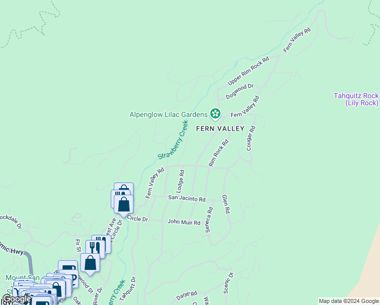 map of restaurants, bars, coffee shops, grocery stores, and more near 25150 Lodge Road in Idyllwild-Pine Cove