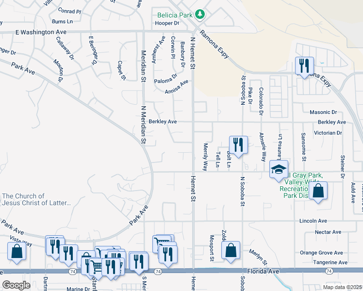 map of restaurants, bars, coffee shops, grocery stores, and more near 4449 Du Cane Street in Hemet