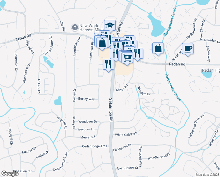 map of restaurants, bars, coffee shops, grocery stores, and more near 1295 South Hairston Road in Stone Mountain