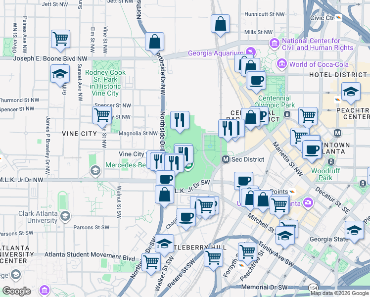 map of restaurants, bars, coffee shops, grocery stores, and more near 1 AMB Drive Northwest in Atlanta