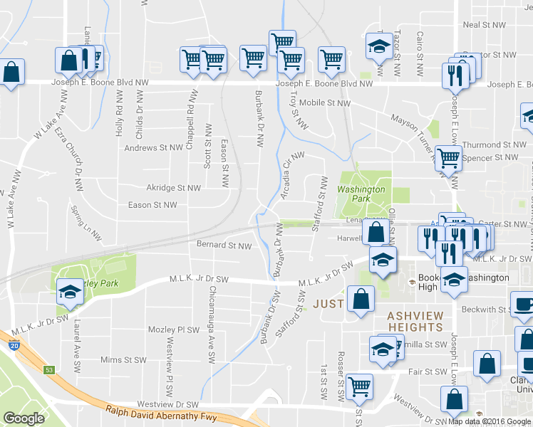map of restaurants, bars, coffee shops, grocery stores, and more near 80 Burbank Drive Southwest in Atlanta