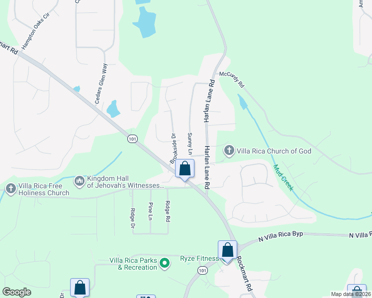 map of restaurants, bars, coffee shops, grocery stores, and more near 74 Sunny Lane in Villa Rica