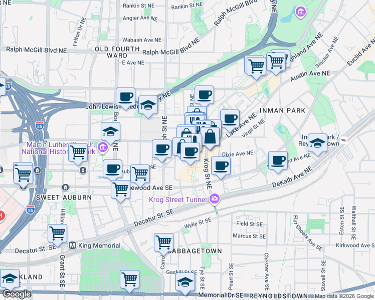 map of restaurants, bars, coffee shops, grocery stores, and more near 631 Irwin Street Northeast in Atlanta