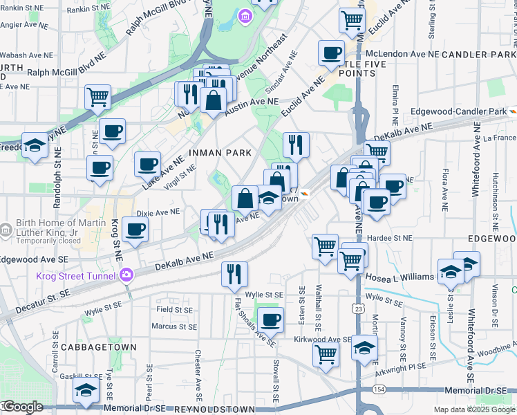 map of restaurants, bars, coffee shops, grocery stores, and more near 117 Elizabeth Street Northeast in Atlanta