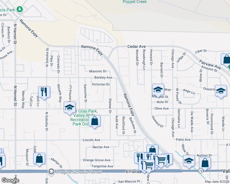 map of restaurants, bars, coffee shops, grocery stores, and more near 25121 Wagner Way in Hemet
