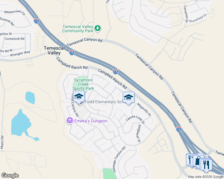 map of restaurants, bars, coffee shops, grocery stores, and more near 11124 Pinecone Street in Corona