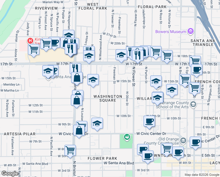 map of restaurants, bars, coffee shops, grocery stores, and more near 1414 North Towner Street in Santa Ana