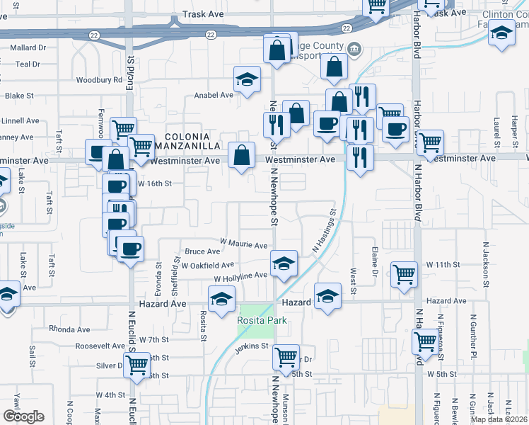 map of restaurants, bars, coffee shops, grocery stores, and more near 4522 West Sunswept Avenue in Santa Ana