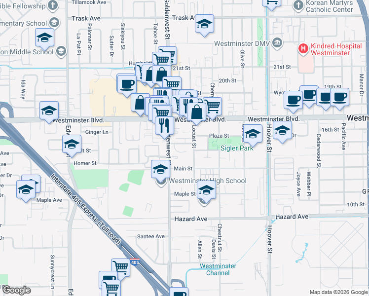 map of restaurants, bars, coffee shops, grocery stores, and more near 7030 Brentwood Lane in Westminster