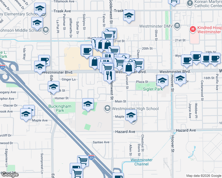 map of restaurants, bars, coffee shops, grocery stores, and more near 14116 Rondeau Street in Westminster