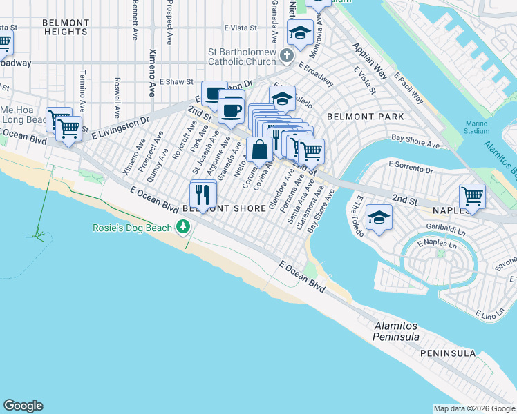 map of restaurants, bars, coffee shops, grocery stores, and more near 5125 East Ocean Boulevard in Long Beach