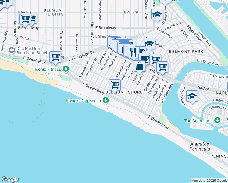 map of restaurants, bars, coffee shops, grocery stores, and more near 60 Argonne Avenue in Long Beach