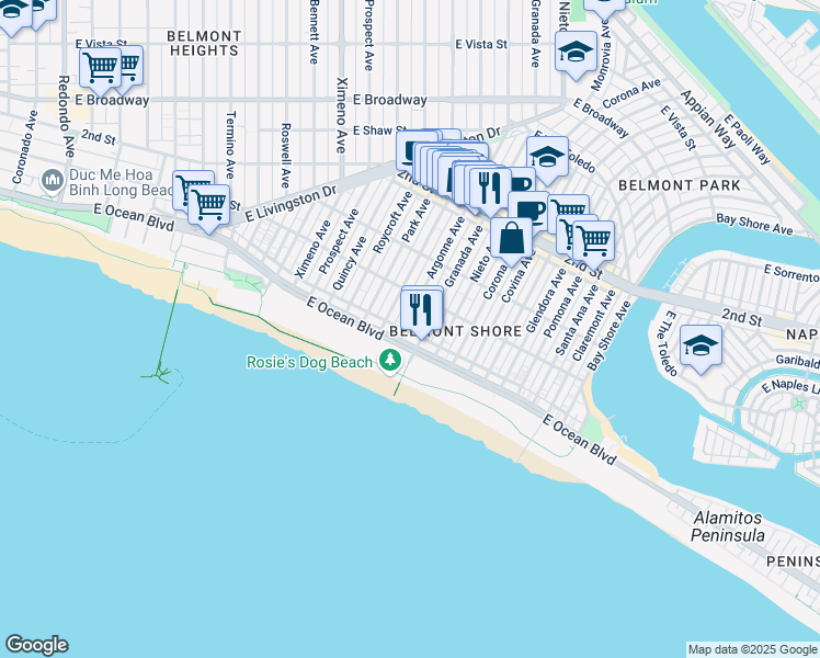 map of restaurants, bars, coffee shops, grocery stores, and more near 60 Argonne Avenue in Long Beach