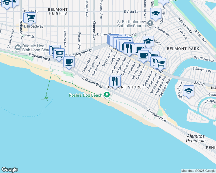 map of restaurants, bars, coffee shops, grocery stores, and more near 25 Saint Joseph Avenue in Long Beach