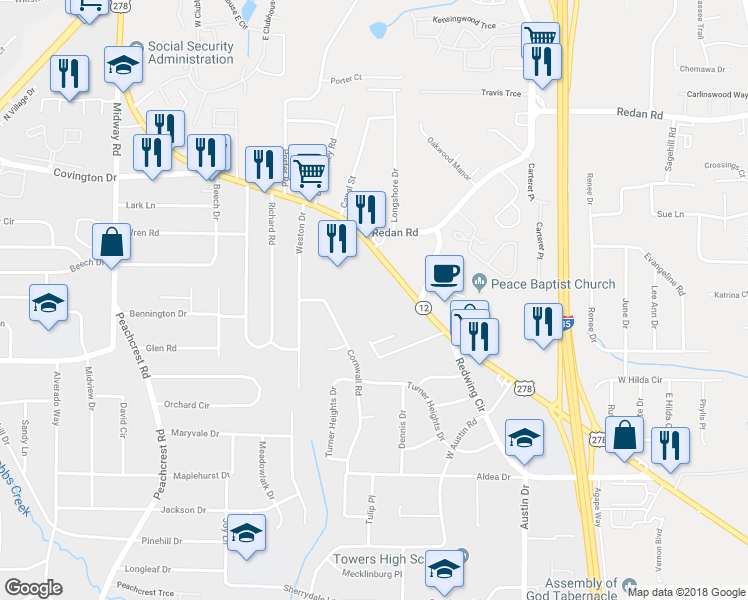 map of restaurants, bars, coffee shops, grocery stores, and more near 3945 Covington Highway in Decatur
