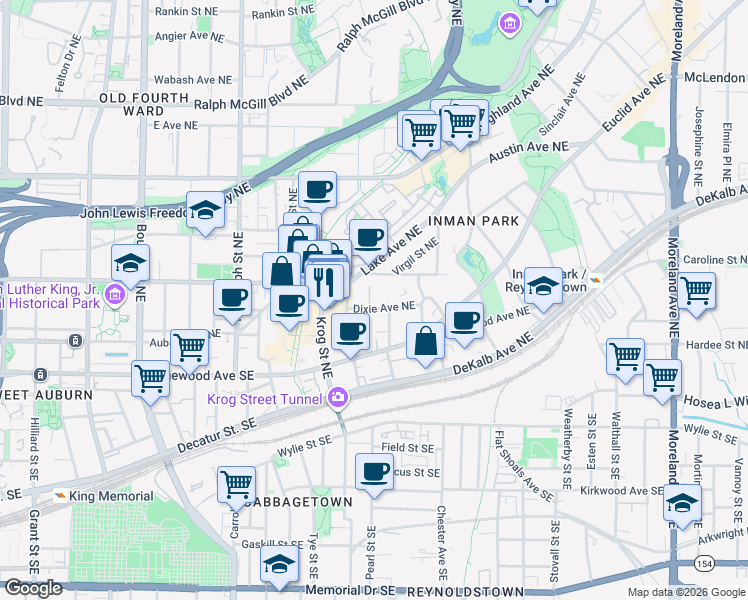 map of restaurants, bars, coffee shops, grocery stores, and more near 807 West Ashland Avenue Northeast in Atlanta