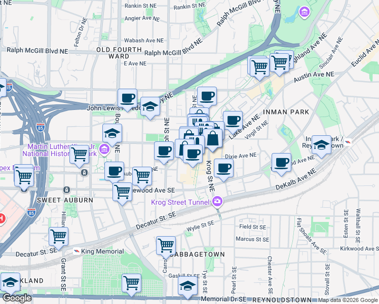 map of restaurants, bars, coffee shops, grocery stores, and more near 631 Irwin Street Northeast in Atlanta