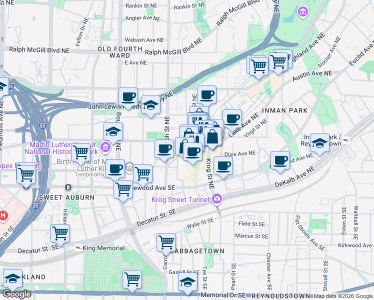 map of restaurants, bars, coffee shops, grocery stores, and more near 631 Irwin Street Northeast in Atlanta