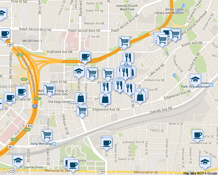 map of restaurants, bars, coffee shops, grocery stores, and more near 601 Irwin Street Northeast in Atlanta