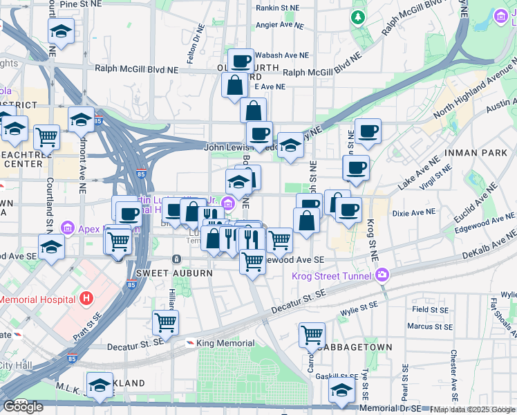 map of restaurants, bars, coffee shops, grocery stores, and more near 94 Hogue Street Northeast in Atlanta