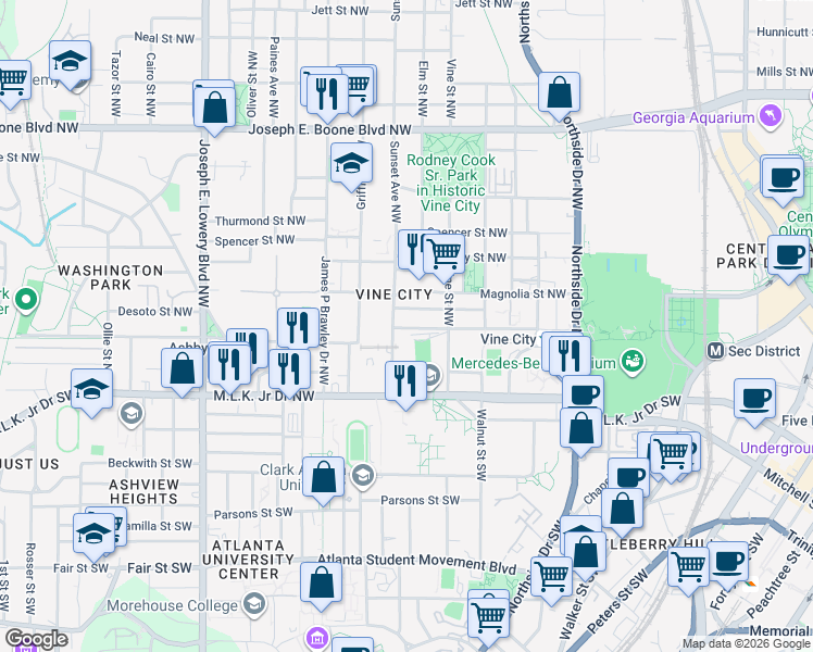 map of restaurants, bars, coffee shops, grocery stores, and more near in Atlanta