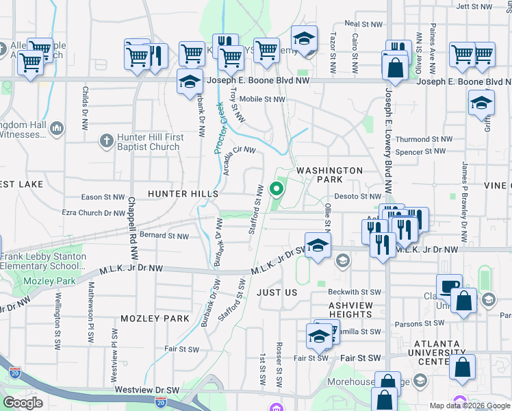 map of restaurants, bars, coffee shops, grocery stores, and more near 84 Stafford Street Northwest in Atlanta