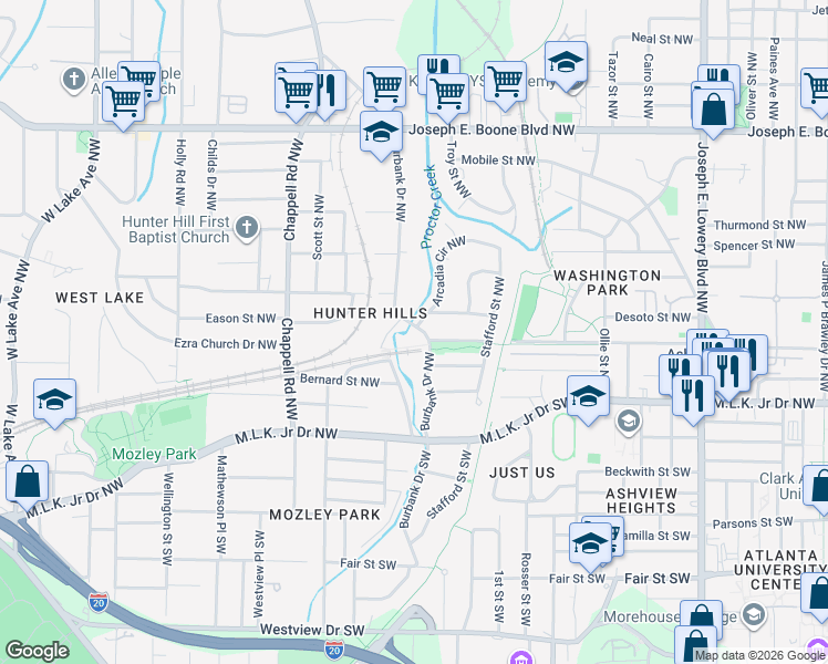 map of restaurants, bars, coffee shops, grocery stores, and more near 80 Burbank Drive Southwest in Atlanta