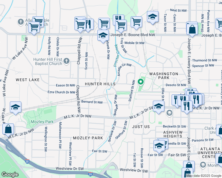 map of restaurants, bars, coffee shops, grocery stores, and more near 80 Burbank Drive Northwest in Atlanta