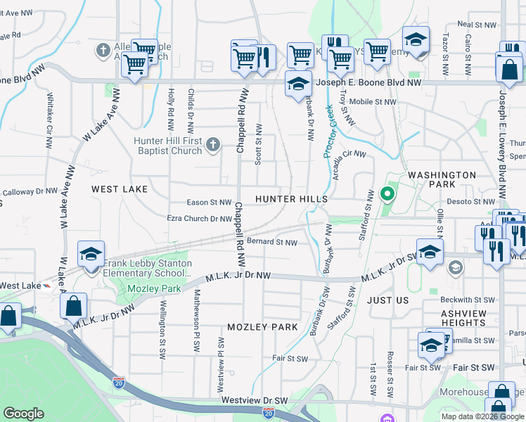 map of restaurants, bars, coffee shops, grocery stores, and more near 1347 Eason Street Northwest in Atlanta