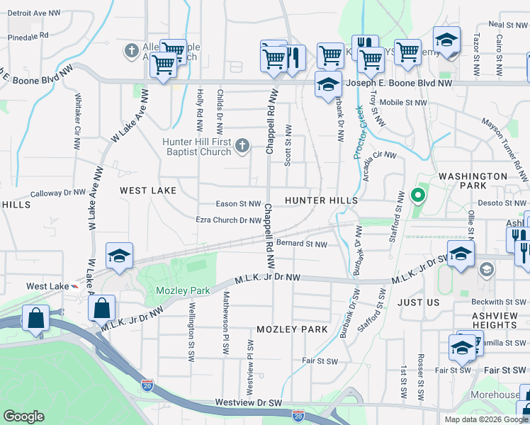 map of restaurants, bars, coffee shops, grocery stores, and more near 99 Chappell Road Northwest in Atlanta