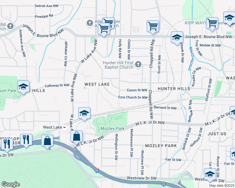 map of restaurants, bars, coffee shops, grocery stores, and more near 86 Holly Road Northwest in Atlanta
