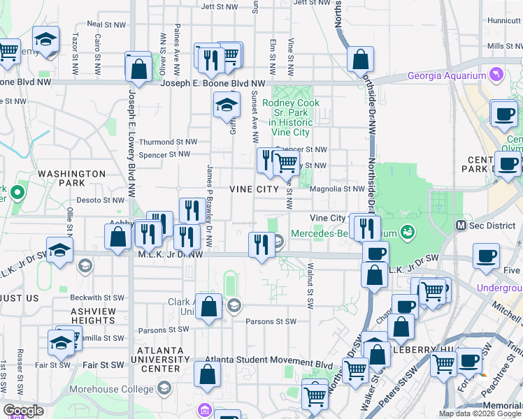 map of restaurants, bars, coffee shops, grocery stores, and more near in Atlanta